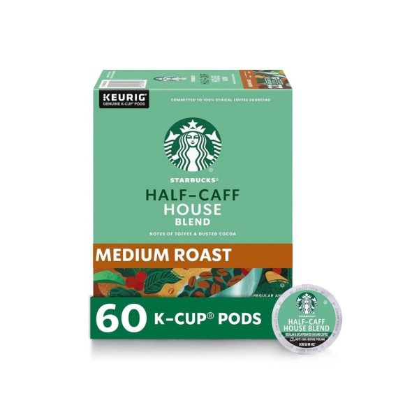 60 Starbucks K-Cup Coffee Pods, Medium Roast, Half-Caff House Blend For Cheap